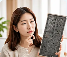 女性拿著髒污的濾網,思考是不是該換了