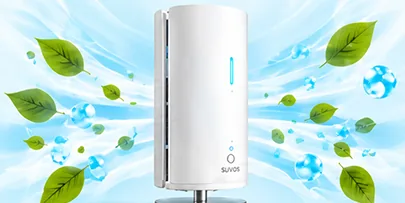 SUVIOS S1 無耗材空氣清淨機,周圍是新鮮的綠葉與清新氣流