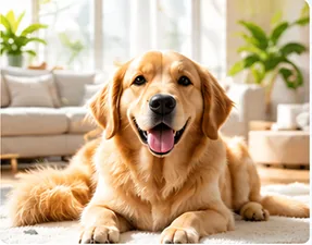 黃金獵犬趴在客廳地毯上