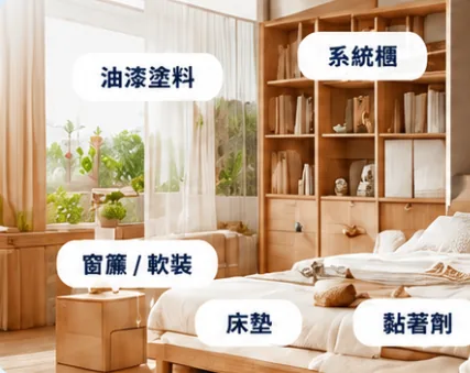 臥室裡常見的甲醛來源:油漆塗料、系統櫃、木作板材、窗簾與軟裝、新家具、床墊、黏著劑