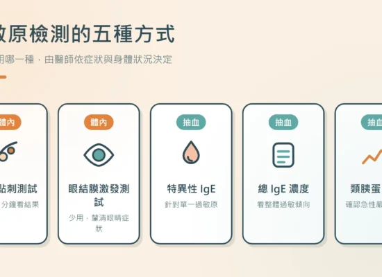 插圖:過敏原檢測的五種方式,體內檢測為皮膚點刺測試與眼結膜激發測試,抽血檢測為特異性 IgE、總 IgE 濃度與類胰蛋白酶