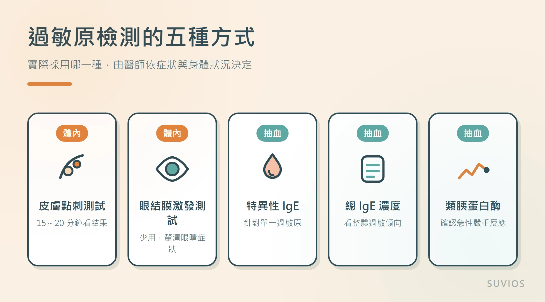 插圖:過敏原檢測的五種方式,體內檢測為皮膚點刺測試與眼結膜激發測試,抽血檢測為特異性 IgE、總 IgE 濃度與類胰蛋白酶